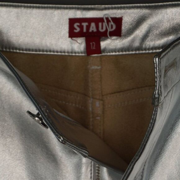 New Staud Oaklyn Faux Leather Midi Skirt in Silver Metallic size 12 - Picture 10 of 12